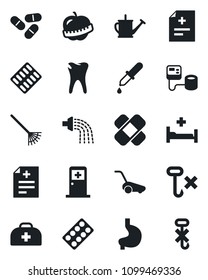 Set of vector isolated black icon - medical room vector, rake, watering can, lawn mower, doctor case, diagnosis, blood pressure, dropper, pills, blister, patch, hospital bed, stomach, caries, diet