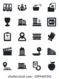 Set of vector isolated black icon - airport building vector, document reload, glove, pulse clipboard, navigation, railroad, fragile, heavy scales, clapboard, scanner, paper binder, meeting, estate
