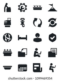 Set of vector isolated black icon - baby room vector, meeting, seedling, patient, term, folder document, no hook, shield, network, update, root setup, news, copier, bedroom, bowl, motivation