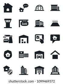 Set of vector isolated black icon - airport tower vector, factory, house, greenhouse, hospital, warehouse storage, garage, sold signboard, office building, estate insurance, home control app, gate
