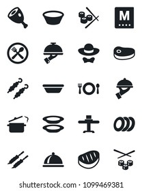 Set of vector isolated black icon - dish vector, restaurant table, cafe, menu, plates, waiter, dress code, steak, kebab, ham, bowl, steaming pan, sushi