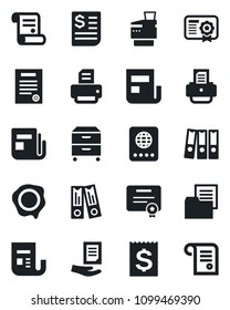 Set of vector isolated black icon - passport vector, office binder, document, stamp, printer, contract, receipt, folder, news, paper, archive box, copier, certificate