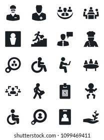 Set of vector isolated black icon - male vector, baby, disabled, speaking man, meeting, doctor, company, identity card, hr, manager, career ladder, client search, cook, consumer, with notebook
