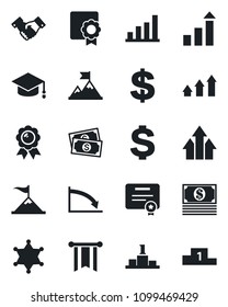 Set of vector isolated black icon - handshake vector, growth statistic, dollar sign, medal, graduate, cash, sertificate, bar graph, police, arrow up, motivation, pennon, crisis, certificate