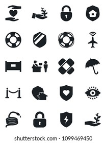 Set of vector isolated black icon - plane radar vector, fence, passport control, umbrella, lock, hose, patch, heart shield, hand, protect, eye id, estate insurance, home, palm sproute