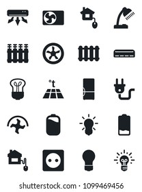 Set of vector isolated black icon - bulb vector, ripper, low battery, desk lamp, air conditioner, fridge, home control, socket, power plug, fan, radiator, warm floor, idea