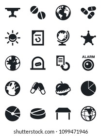 Set of vector isolated black icon - ticket office vector, globe, document reload, pills, diet, earth, pie graph, table, police, alarm led