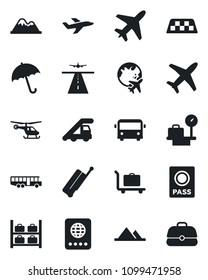Set of vector isolated black icon - plane vector, runway, taxi, suitcase, baggage trolley, airport bus, umbrella, passport, ladder car, helicopter, luggage storage, scales, globe, mountains, case