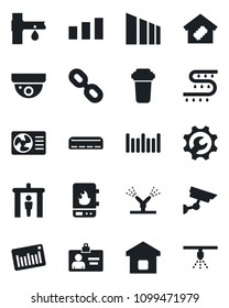 Set of vector isolated black icon - security gate vector, identity card, drip irrigation, sorting, barcode, chain, root setup, air conditioner, smart home, water heater, filter, surveillance