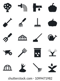 Set of vector isolated black icon - garden fork vector, shovel, farm, rake, watering can, wheelbarrow, sproute, hoe, pumpkin, greenhouse, seeds, drip irrigation, fruit tree