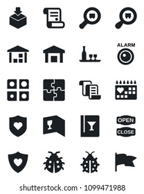 Set of vector isolated black icon - contract vector, lady bug, heart shield, medical calendar, warehouse, package, search cargo, application, alcohol, wine card, open close, alarm led, flag