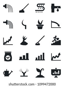 Set of vector isolated black icon - seedling vector, watering can, sproute, hoe, sickle, fertilizer, drip irrigation, bar graph, career ladder, growth, crisis, presentation