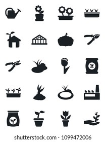 Set of vector isolated black icon - flower in pot vector, seedling, watering can, sproute, pruner, pumpkin, greenhouse, pond, fertilizer, tulip, factory, eco house, palm