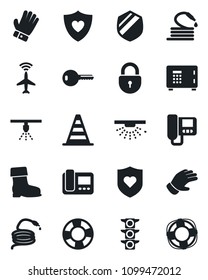 Set of vector isolated black icon - plane radar vector, border cone, safe, lock, glove, boot, hose, heart shield, traffic light, key, intercome, sprinkler, crisis management