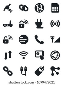 Set of vector isolated black icon - satellite vector, network, chain, rca, call, sim, data exchange, cellular signal, wireless, power plug, lock, router, home control app, social media