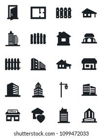 Set of vector isolated black icon - office building vector, fence, house, garden light, store, with garage, plan, sweet home, city, cafe, door