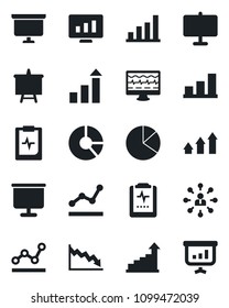 Set of vector isolated black icon - growth statistic vector, hierarchy, presentation board, monitor, circle chart, pulse, clipboard, bar graph, pie, point, arrow up, crisis