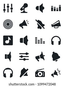Set of vector isolated black icon - vinyl vector, microphone, radio, speaker, loudspeaker, settings, equalizer, headphones, tuning, bell, mute, music, sound, advertising