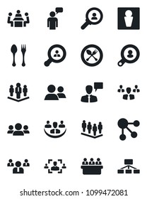 Set of vector isolated black icon - spoon and fork vector, male, speaking man, team, meeting, group, company, hr, client search, consumer, social media, hierarchy