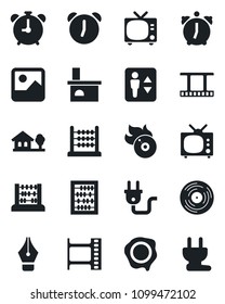 Set of vector isolated black icon - elevator vector, alarm clock, tv, abacus, stamp, fireplace, film frame, vinyl, flame disk, gallery, ink pen, house with tree, power plug