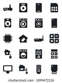 Set of vector isolated black icon - washer vector, calculator, monitor, speaker, phone back, sim, smart home, control, chip, remote, router, usb flash