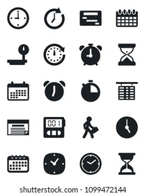 Set of vector isolated black icon - alarm clock vector, flight table, calendar, heavy scales, stopwatch, manager, schedule, sand