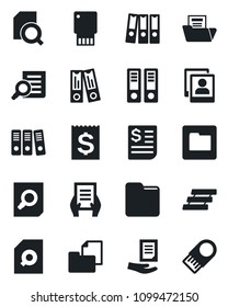 Set of vector isolated black icon - office binder vector, document search, receipt, folder, photo gallery, paper, tray, usb flash
