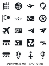 Set of vector isolated black icon - plane vector, radar, wind, helicopter, seat map, globe, air conditioner, fan, paper, balloon