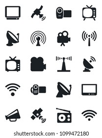 Set of vector isolated black icon - antenna vector, satellite, radio, loudspeaker, tv, video camera, wireless
