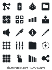 Set of vector isolated black icon - package vector, sorting, settings, touch screen, menu, folder, charge, application, pen, sound, information, social media