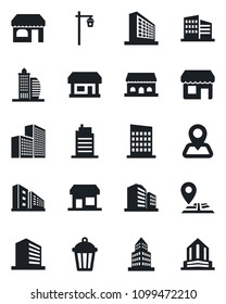 Set of vector isolated black icon - shop vector, office building, garden light, navigation, store, city house, cafe, storefront