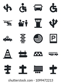 Set of vector isolated black icon - airport tower vector, taxi, bus, parking, passport control, signpost, alarm car, border cone, radar, helicopter, disabled, route, traffic light, truck trailer