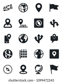 Set of vector isolated black icon - globe vector, seat map, route, navigation, earth, pin, mobile tracking, network, place tag, compass, flag