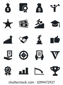 Set of vector isolated black icon - dispatcher vector, growth statistic, pedestal, medal, graduate, money bag, document, cash, finger up, sertificate, bar graph, target, career ladder, police