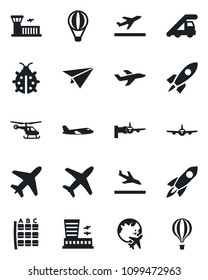 Set of vector isolated black icon - plane vector, departure, arrival, ladder car, boarding, helicopter, seat map, globe, airport building, lady bug, rocket, paper, air balloon