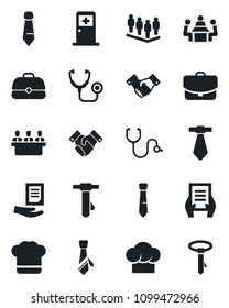 Set of vector isolated black icon - medical room vector, handshake, team, tie, document, stethoscope, meeting, cook hat, case