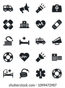 Set of vector isolated black icon - hose vector, heart pulse, doctor case, patch, ambulance star, car, hospital bed, loudspeaker, torch, crisis management