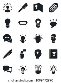 Set of vector isolated black icon - speaking man vector, pen, brainstorm, bulb, dialog, wine card, hot dog, energy saving, shining head, idea