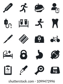 Set of vector isolated black icon - doctor case vector, blood test vial, dropper, thermometer, heart diagnostic, pills blister, scalpel, bike, run, hospital bed, stomach, tooth, joint, diet, patient