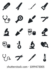 Set of vector isolated black icon - trowel vector, pruner, saw, stethoscope, blood pressure, thermometer, heart diagnostic, microscope, scalpel, microphone