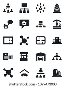 Set of vector isolated black icon - hierarchy vector, well, molecule, hospital, office building, garage, plan, home message