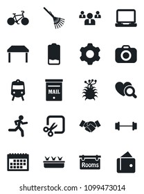 Set of vector isolated black icon - train vector, handshake, team, rake, seedling, heart diagnostic, barbell, bike, run, virus, camera, laptop pc, low battery, settings, cut, calendar, mailbox