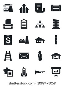Set of vector isolated black icon - boarding vector, mail, factory, ladder, office phone, receipt, container, news, favorites list, clipboard, tie, paper tray, hierarchy, manager, house with garage