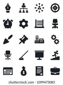Set of vector isolated black icon - alarm clock vector, hierarchy, office chair, trowel, hoe, settings, calendar, presentation board, drawing pin, abacus, ink pen, phone, target, contract, gear