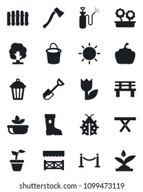 Set of vector isolated black icon - fence vector, shovel, seedling, tree, bucket, boot, lady bug, sun, axe, bench, pumpkin, garden light, picnic table, sprayer, tulip, flower in pot, salad, alcove