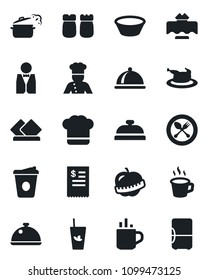 Set of vector isolated black icon - hot cup vector, spoon and fork, coffee, diet, waiter, cook, dish, restaurant table, hat, reception, phyto bar, salt pepper, receipt, chicken, bowl, steaming pan