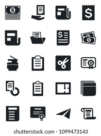 Set of vector isolated black icon - document vector, reload, cash, receipt, news, cut, clipboard, folder, blank box, copier, plan, paper plane, certificate, contract