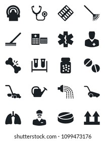 Set of vector isolated black icon - rake vector, watering can, lawn mower, stethoscope, blood test vial, pills, bottle, blister, tomography, ambulance star, lungs, broken bone, hospital, doctor