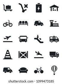 Set of vector isolated black icon - departure vector, arrival, baggage trolley, airport bus, escalator, waiting area, border cone, building, ambulance car, bike, delivery, container, no, warehouse