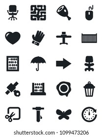 Set of vector isolated black icon - right arrow vector, office chair, abacus, mouse, tie, stamp, glove, butterfly, garden light, satellite, cargo container, umbrella, heart, cut, restaurant table